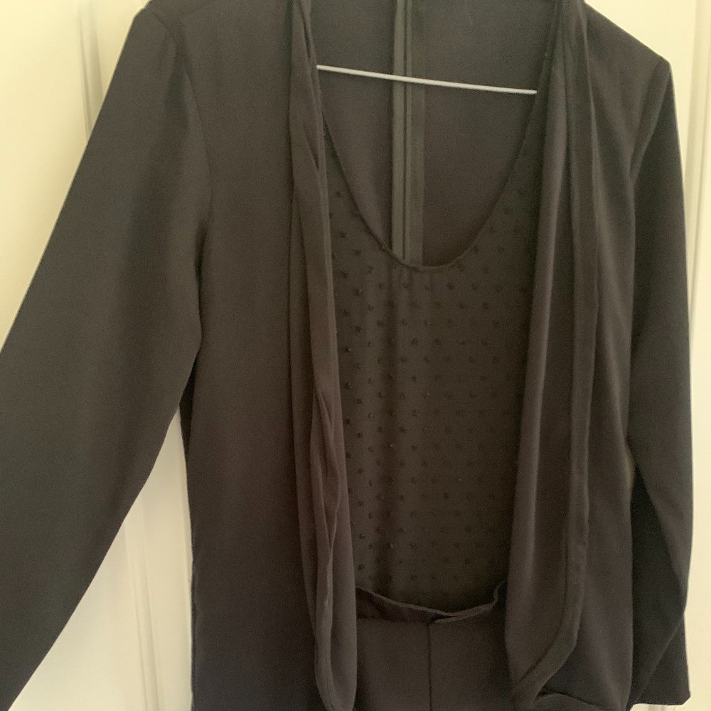 black zara one piece outfit - blazer shorts and see through polka dot top!